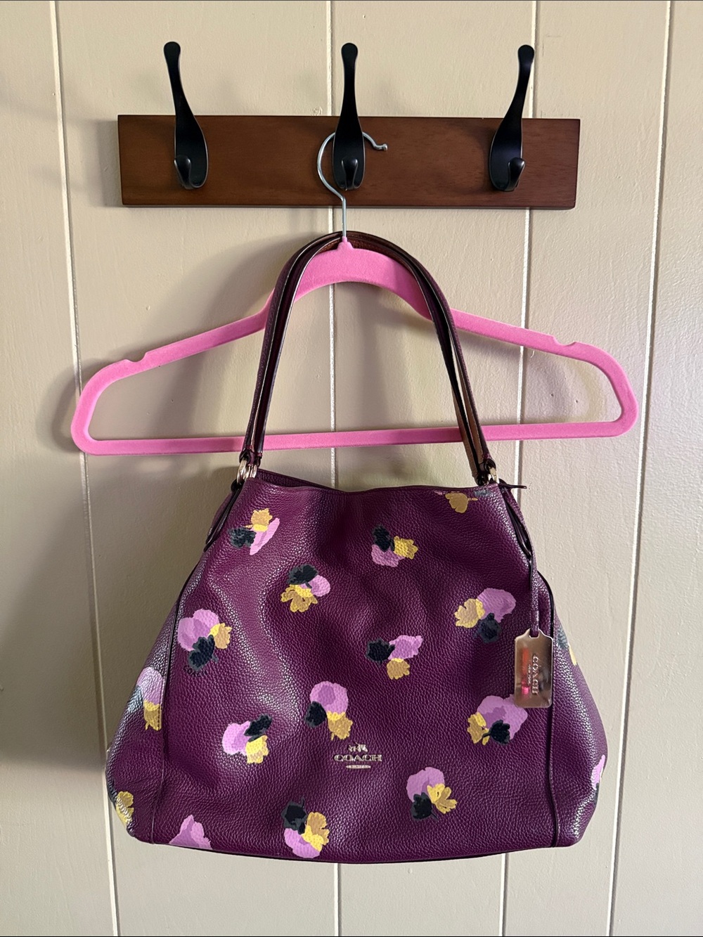 Coach Pebbled Leather Floral Shoulder Bag - Plum with Pink & Yellow Accents